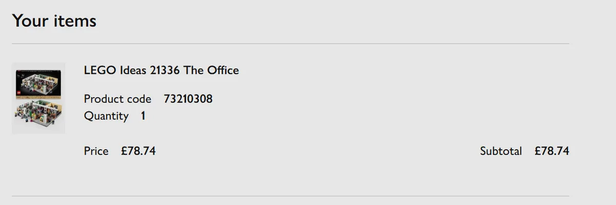 Order confirmation showing LEGO Ideas 21336 The Office bought for £78.74