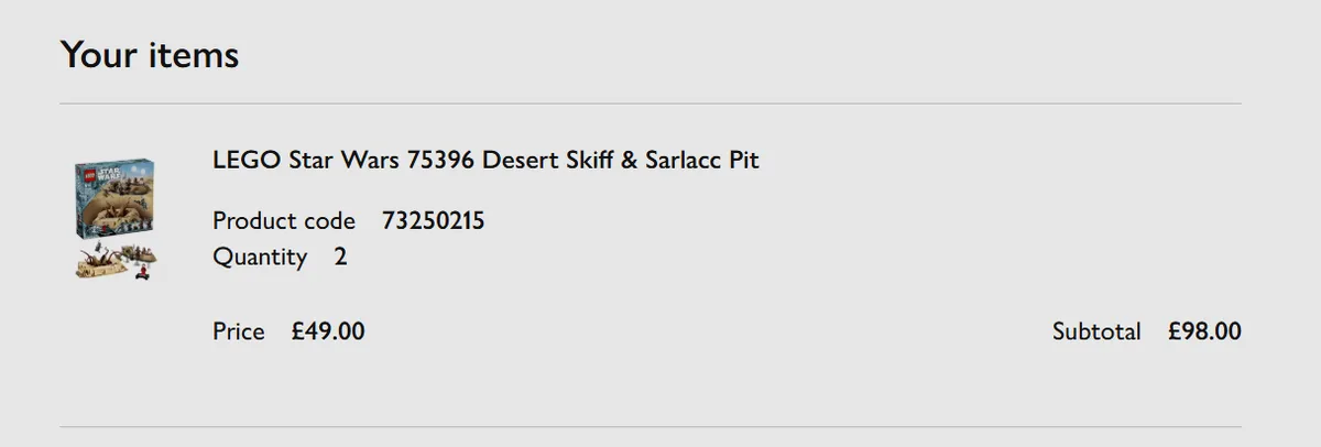 Order confirmation showing LEGO Star Wars 75396 Desert Skiff & Sarlacc Pit bought for £49.00
